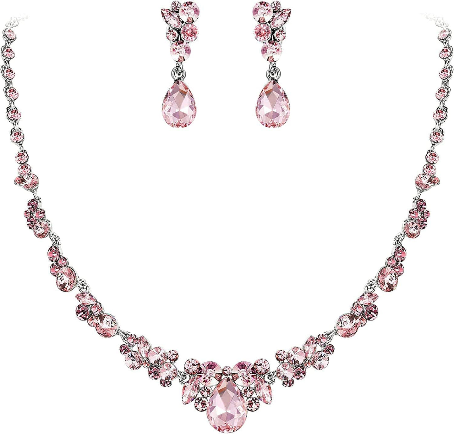 Rhinestone Crystal Elegant Bridal Floral Teardrop Necklace Earrings Set 7_Pink Silver-Tone
