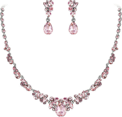 Rhinestone Crystal Elegant Bridal Floral Teardrop Necklace Earrings Set 7_Pink Silver-Tone