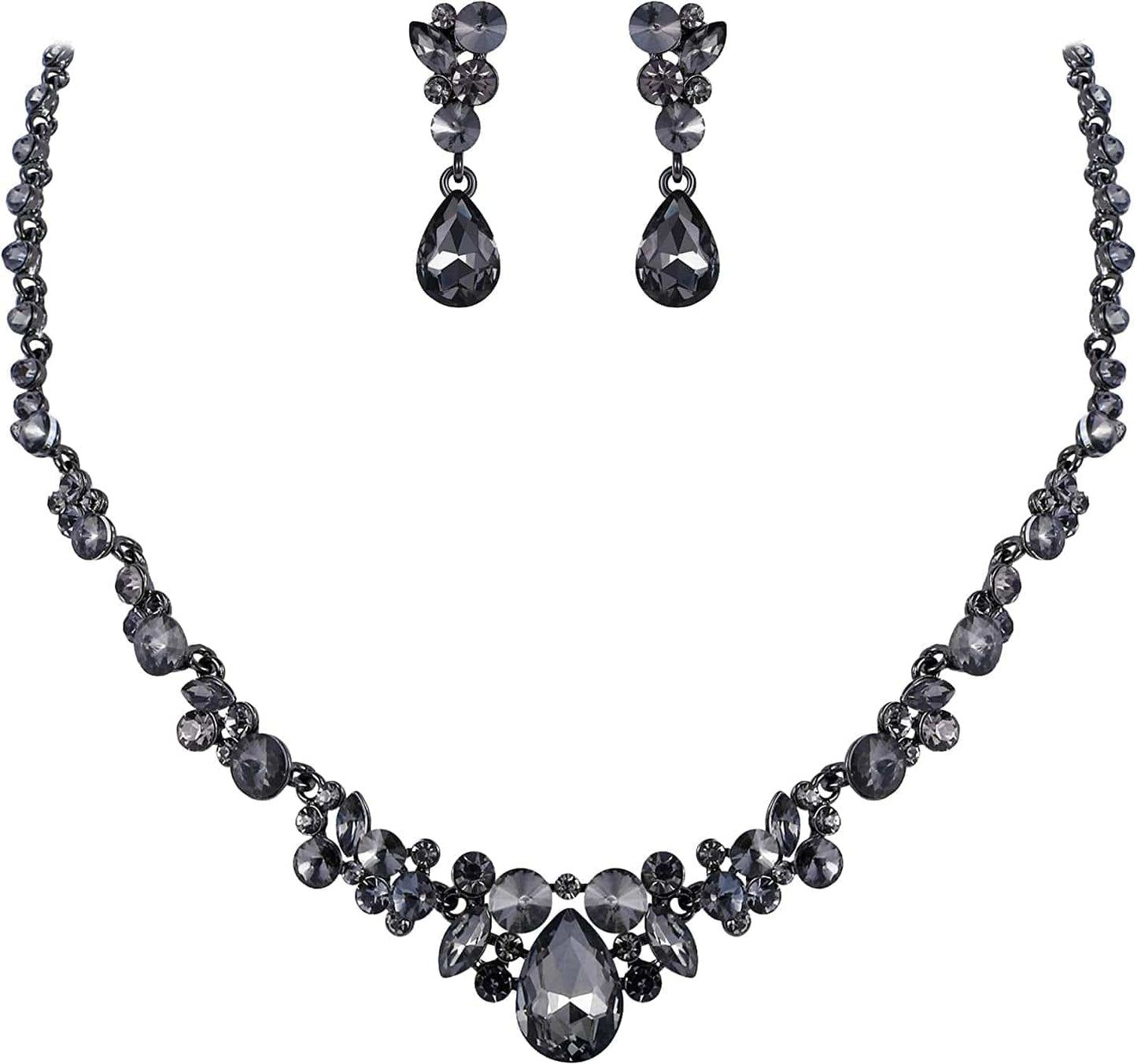 Rhinestone Crystal Elegant Bridal Floral Teardrop Necklace Earrings Set 2_Grey Black-Tone