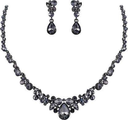 Rhinestone Crystal Elegant Bridal Floral Teardrop Necklace Earrings Set 2_Grey Black-Tone
