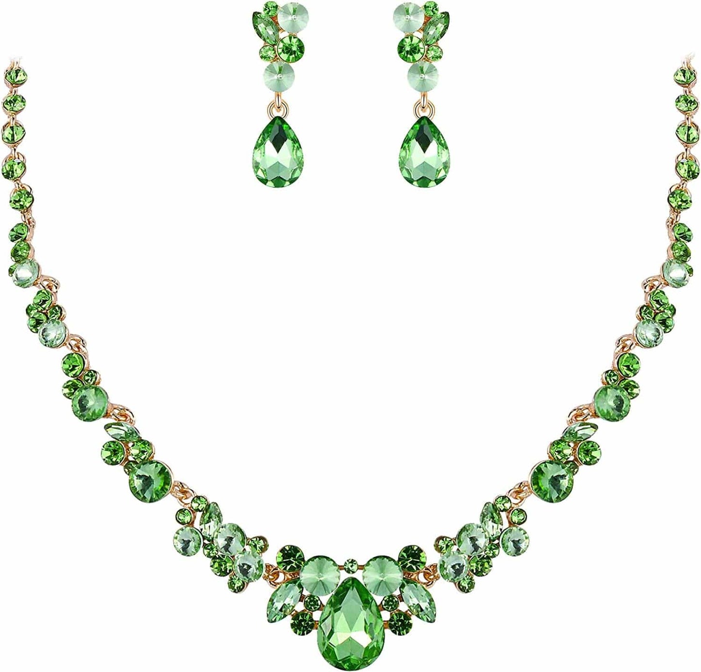 Rhinestone Crystal Elegant Bridal Floral Teardrop Necklace Earrings Set 3_Green Gold-Tone