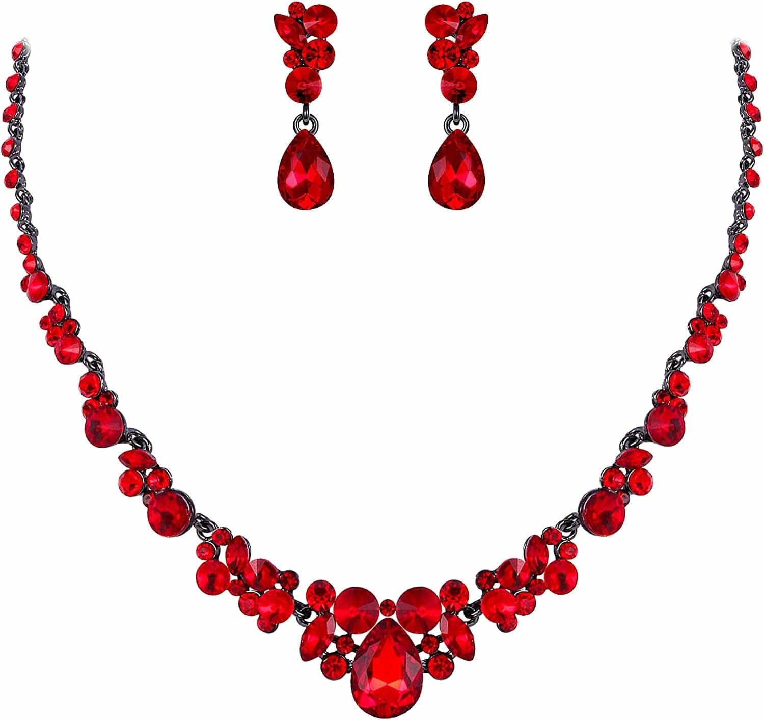 Rhinestone Crystal Elegant Bridal Floral Teardrop Necklace Earrings Set 4_Red Black-Tone