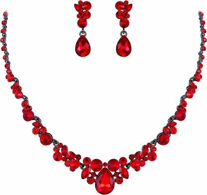 Rhinestone Crystal Elegant Bridal Floral Teardrop Necklace Earrings Set 4_Red Black-Tone