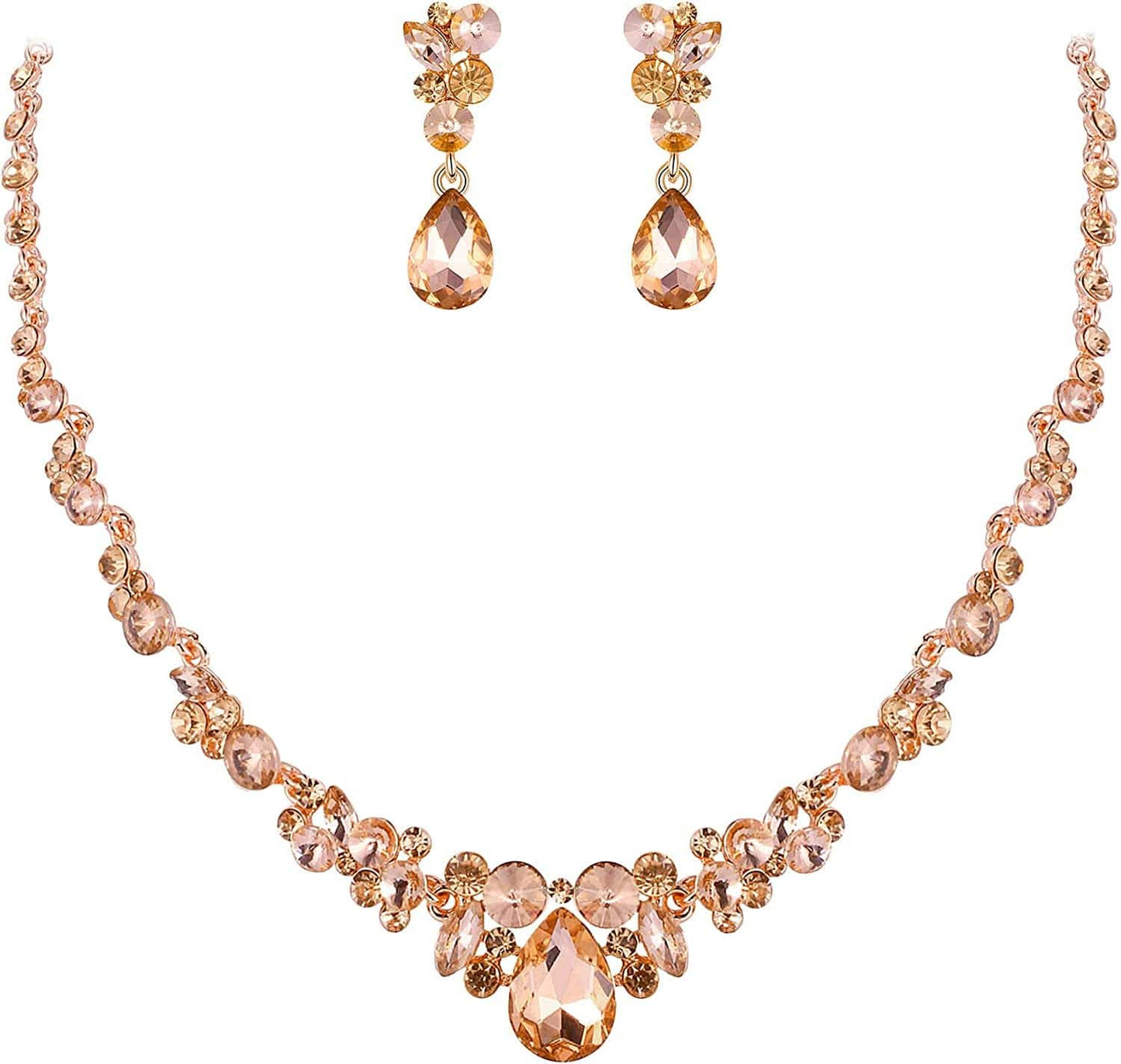 Rhinestone Crystal Elegant Bridal Floral Teardrop Necklace Earrings Set 5_Champagne Rose Gold-Tone
