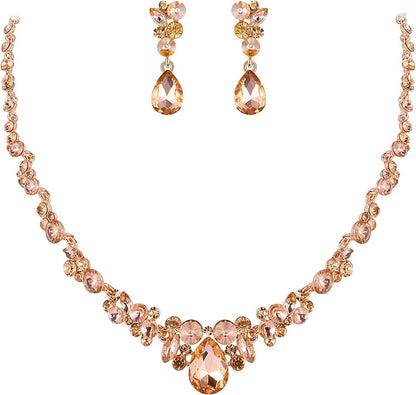 Rhinestone Crystal Elegant Bridal Floral Teardrop Necklace Earrings Set 5_Champagne Rose Gold-Tone