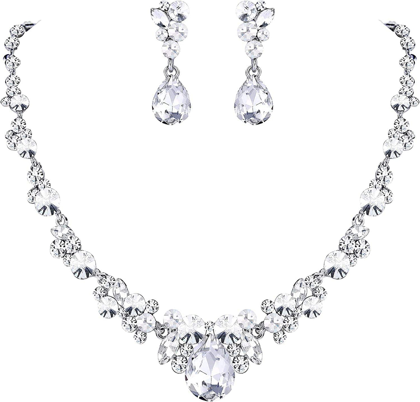 Rhinestone Crystal Elegant Bridal Floral Teardrop Necklace Earrings Set 1_Clear Silver-Tone