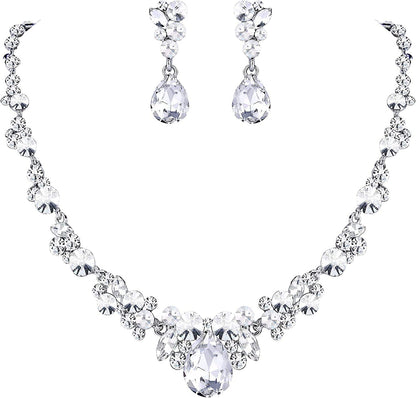 Rhinestone Crystal Elegant Bridal Floral Teardrop Necklace Earrings Set 1_Clear Silver-Tone