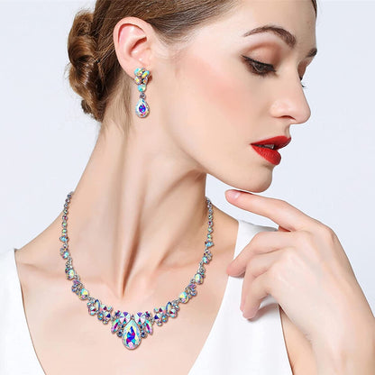 Rhinestone Crystal Elegant Bridal Floral Teardrop Necklace Earrings Set
