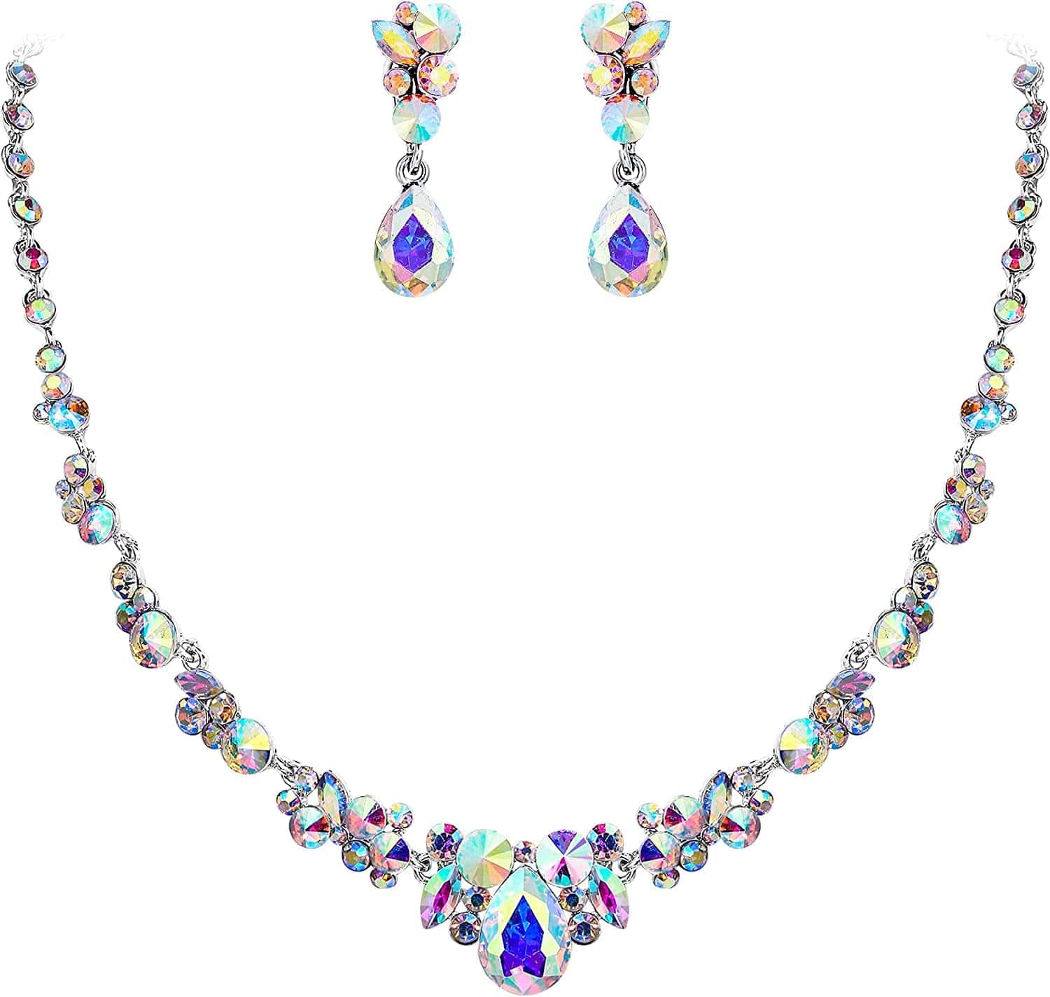 Rhinestone Crystal Elegant Bridal Floral Teardrop Necklace Earrings Set 8_Iridescent Clear AB Silver-Tone