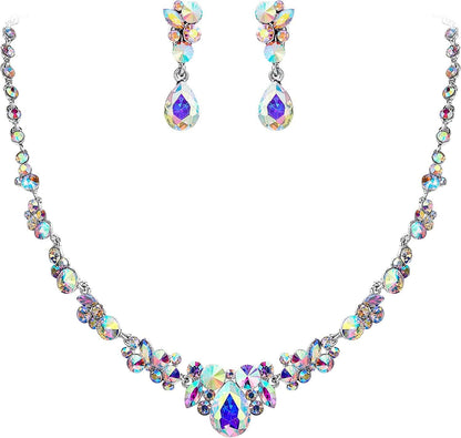 Rhinestone Crystal Elegant Bridal Floral Teardrop Necklace Earrings Set 8_Iridescent Clear AB Silver-Tone