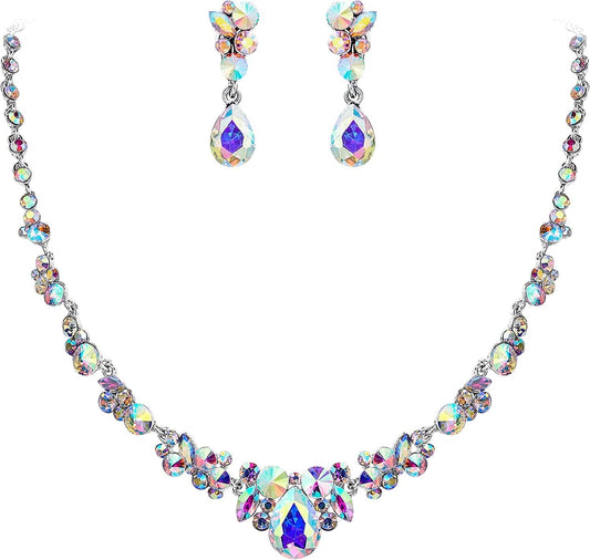 Rhinestone Crystal Elegant Bridal Floral Teardrop Necklace Earrings Set 8_Iridescent Clear AB Silver-Tone