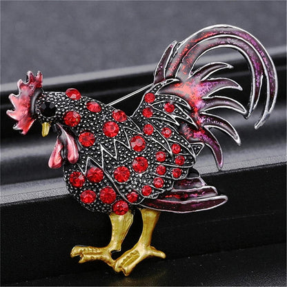 Rhinestone Rooster Brooch Pins Enamel Cock Lapel Pin Faux Crystal Zodiac Corsage Animal Chicken Brooch for Women Girl,Red, 6*6.5Cm