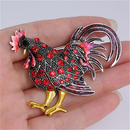 Rhinestone Rooster Brooch Pins Enamel Cock Lapel Pin Faux Crystal Zodiac Corsage Animal Chicken Brooch for Women Girl,Red, 6*6.5Cm