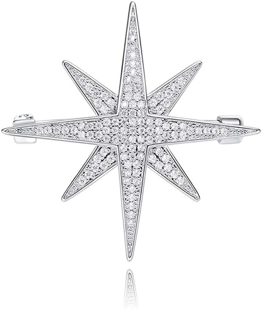 Rhinestone Star Brooch Pin for Women Girls Men Fashion Dainty Crystal CZ Silvery Lapel Pins Dress Suit Bouquet Accessories Jewelry Christmas Winter Holiday Wedding Decor Unisex Gifts