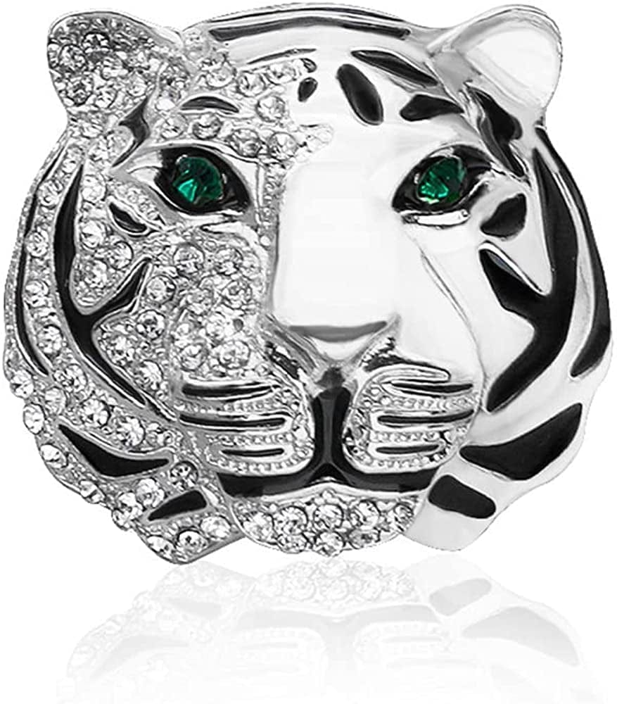 Rhinestone Tiger Head Brooch Pins.Gold Silver Animal Lapel Pin,Charm Lion Coat Collar Brooch for Men Suit Pin Silver