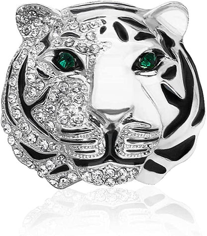 Rhinestone Tiger Head Brooch Pins.Gold Silver Animal Lapel Pin,Charm Lion Coat Collar Brooch for Men Suit Pin Silver