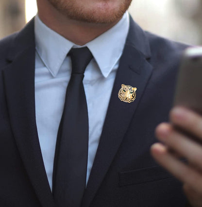 Rhinestone Tiger Head Brooch Pins.Gold Silver Animal Lapel Pin,Charm Lion Coat Collar Brooch for Men Suit Pin