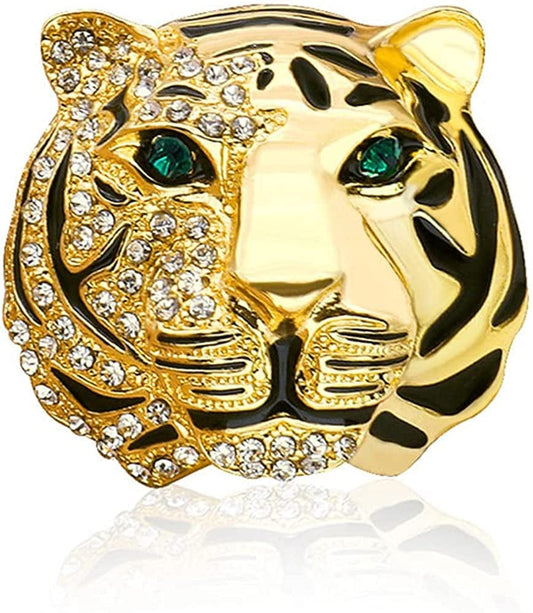 Rhinestone Tiger Head Brooch Pins.Gold Silver Animal Lapel Pin,Charm Lion Coat Collar Brooch for Men Suit Pin Gold