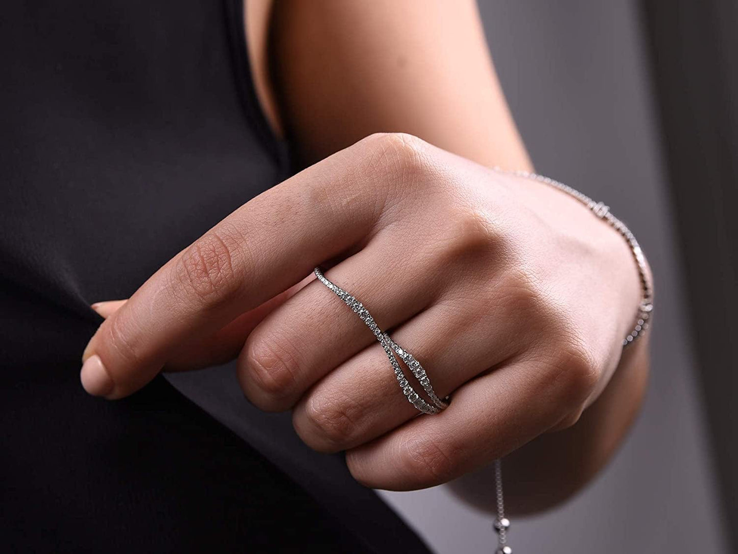 Rhodium Plated Sterling Silver 925 Double Finger Ring for Women