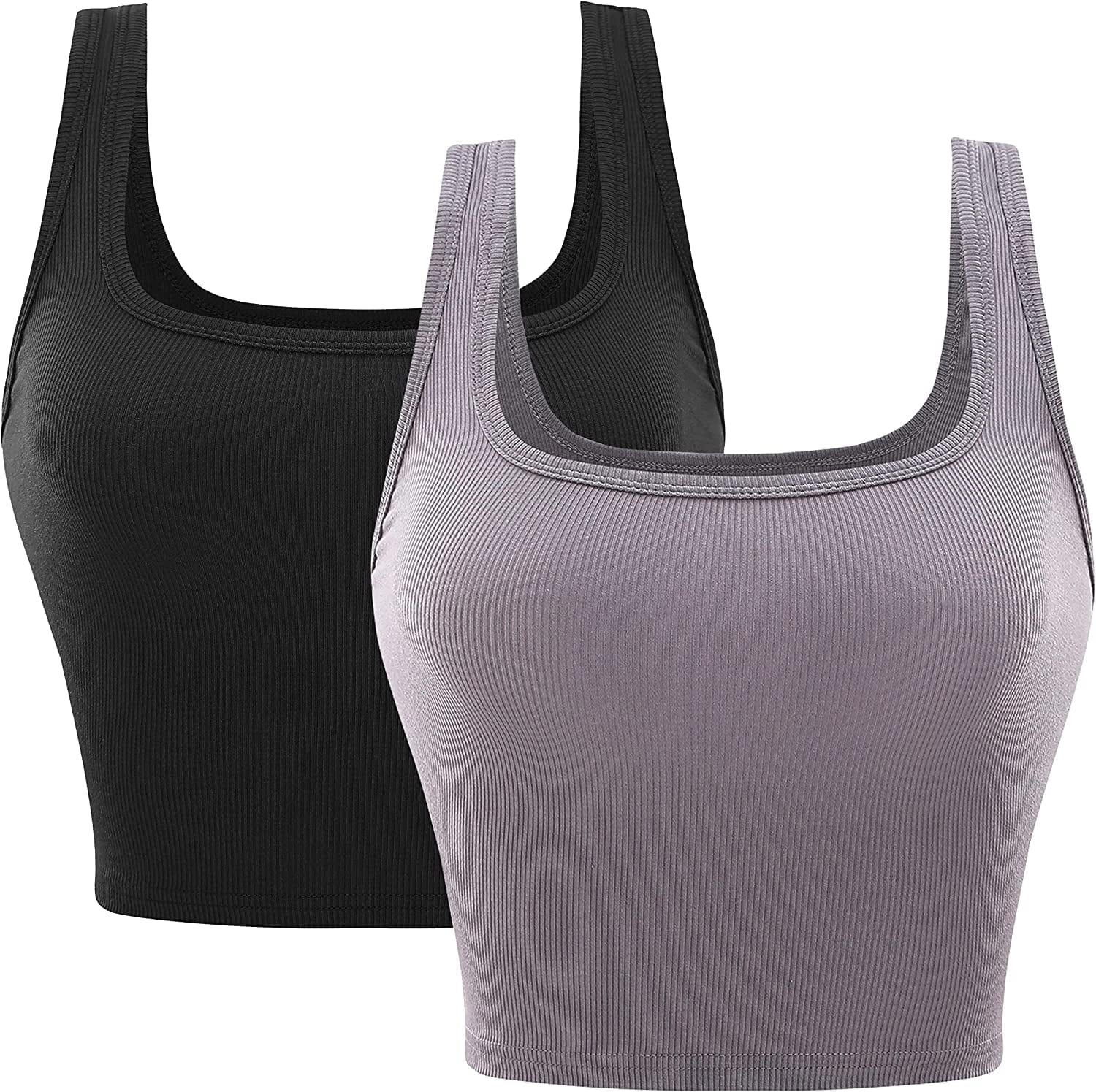 Ribbed Cropped Tank Tops for Women Seamless Sleeveless Womens Cloth Square Neck Basic Casual Shirts 2 Piece Crop Top Black/Grey / Large