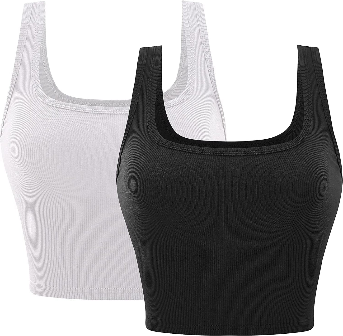 Ribbed Cropped Tank Tops for Women Seamless Sleeveless Womens Cloth Square Neck Basic Casual Shirts 2 Piece Crop Top Black/White / Large