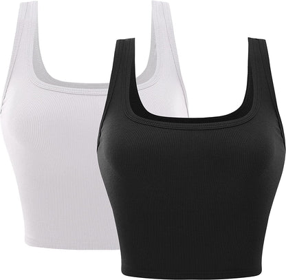 Ribbed Cropped Tank Tops for Women Seamless Sleeveless Womens Cloth Square Neck Basic Casual Shirts 2 Piece Crop Top Black/White / Large