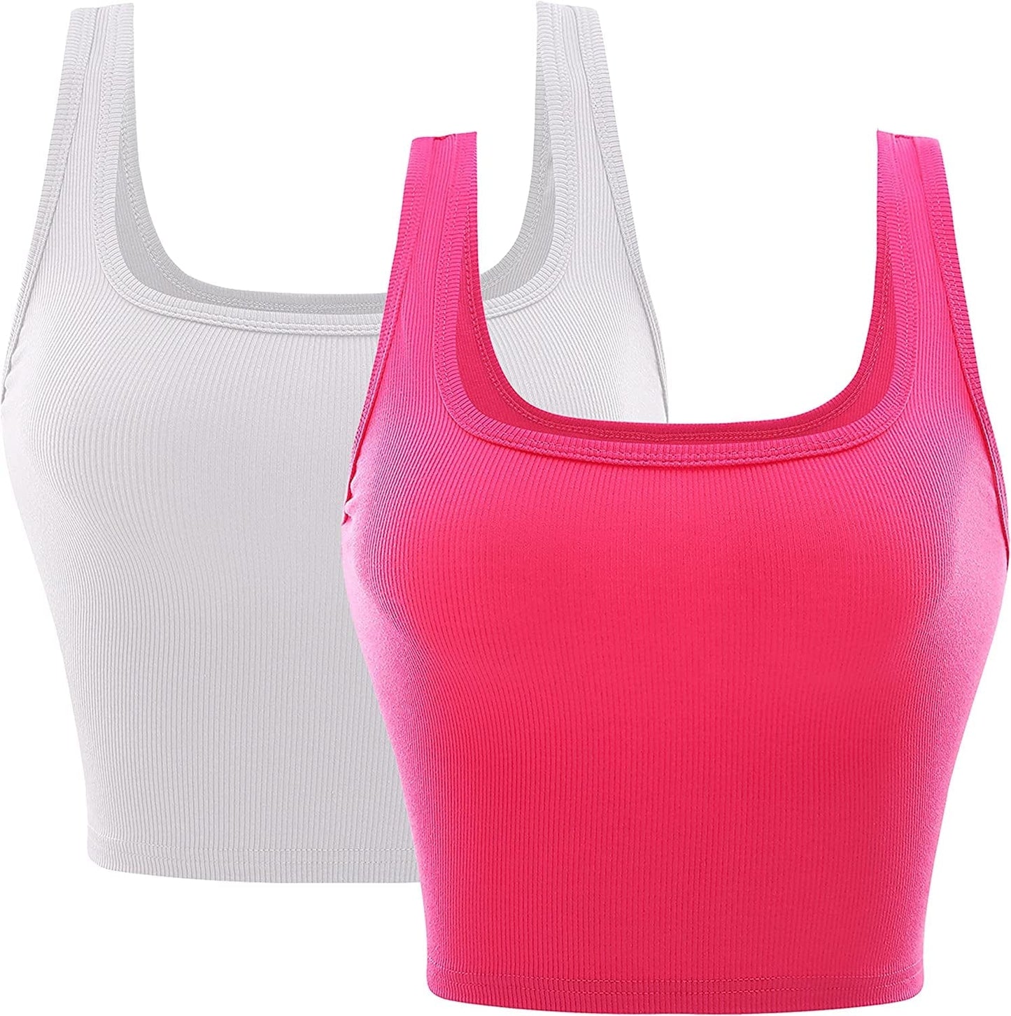 Ribbed Cropped Tank Tops for Women Seamless Sleeveless Womens Cloth Square Neck Basic Casual Shirts 2 Piece Crop Top White/Hot Pink / Large