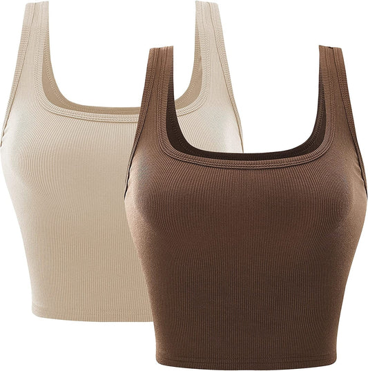 Ribbed Cropped Tank Tops for Women Seamless Sleeveless Womens Cloth Square Neck Basic Casual Shirts 2 Piece Crop Top Brown/Beige / Large