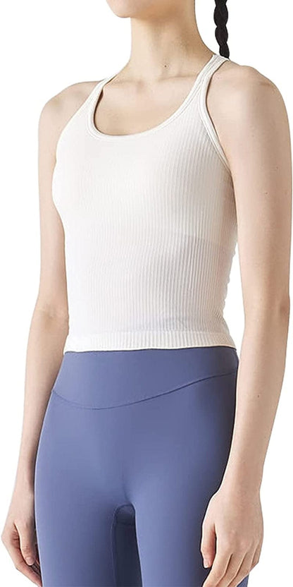 Ribbed Workout Short Racerback Tank Tops for Women with Built in Bra Off-white #1 / 4