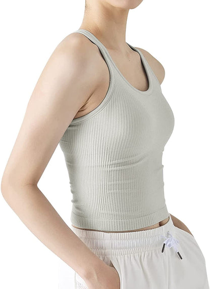 Ribbed Workout Short Racerback Tank Tops for Women with Built in Bra Grey Green #1 / 4