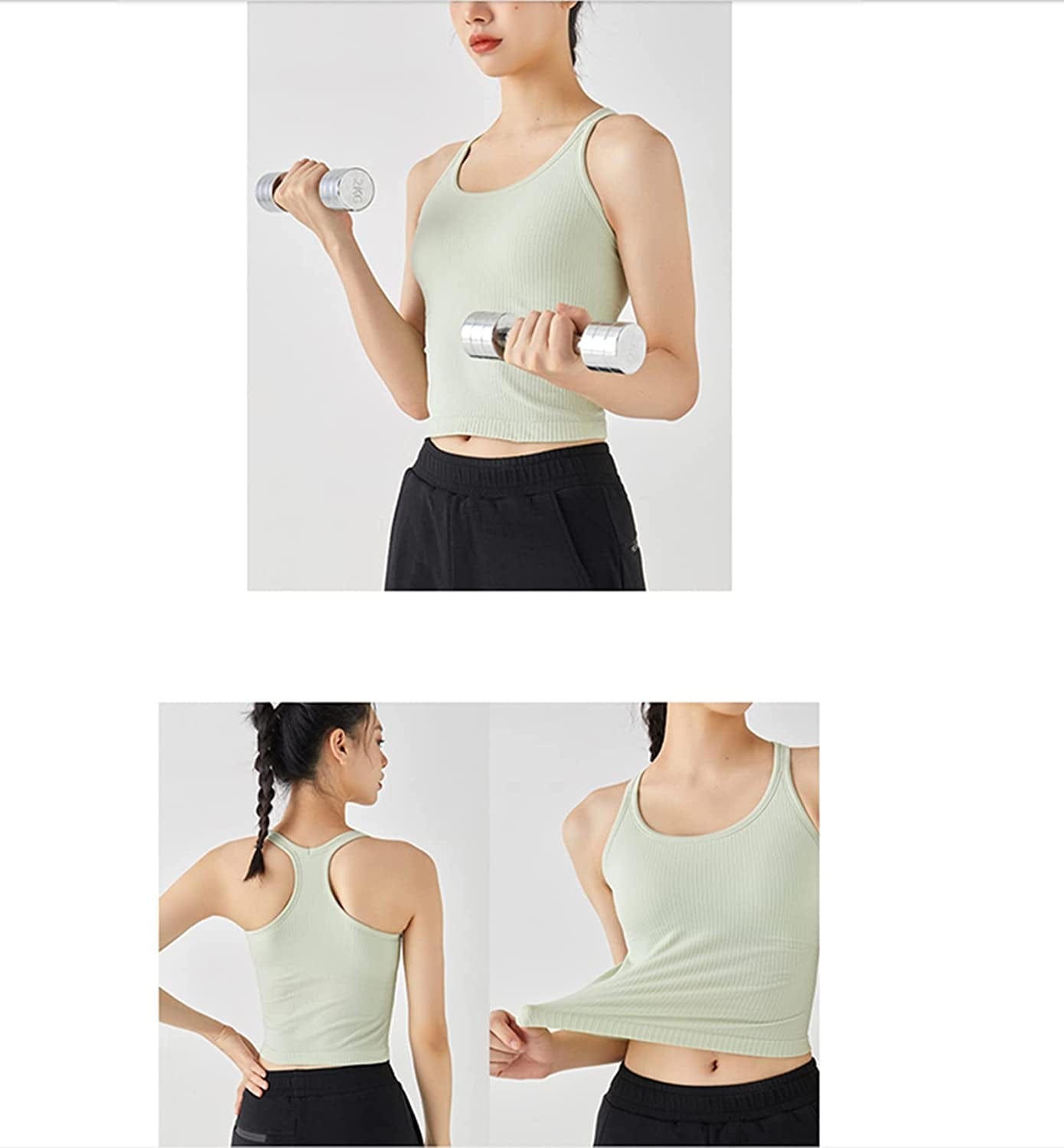 Ribbed Workout Short Racerback Tank Tops for Women with Built in Bra