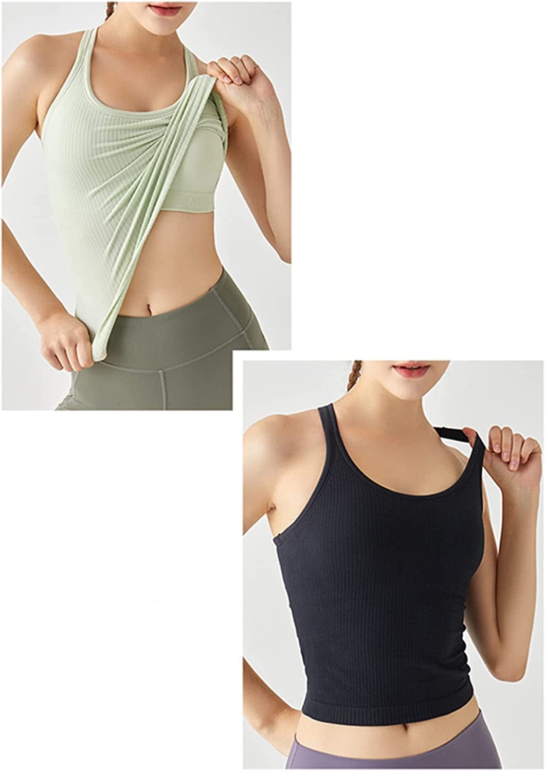 Ribbed Workout Short Racerback Tank Tops for Women with Built in Bra
