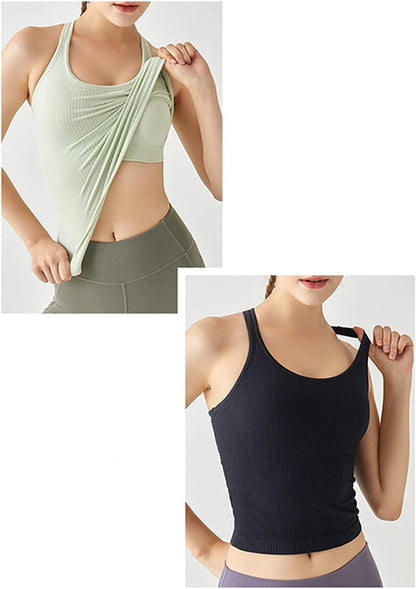 Ribbed Workout Short Racerback Tank Tops for Women with Built in Bra