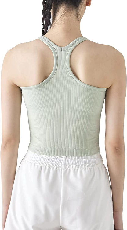 Ribbed Workout Short Racerback Tank Tops for Women with Built in Bra Green #1 / 4