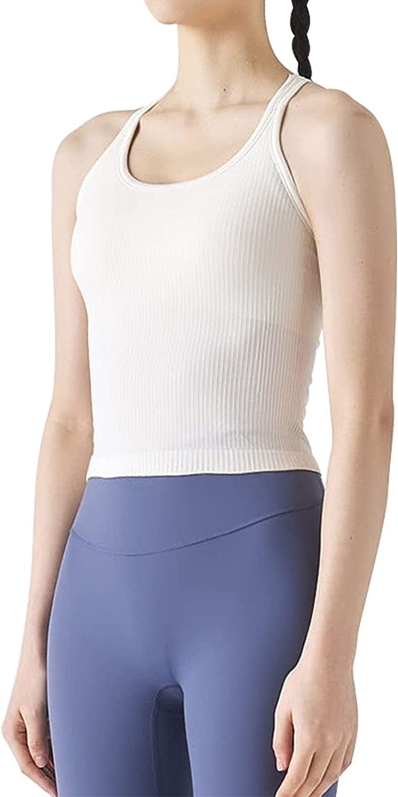 Ribbed Workout Short Racerback Tank Tops for Women with Built in Bra Off-white #1 / 6
