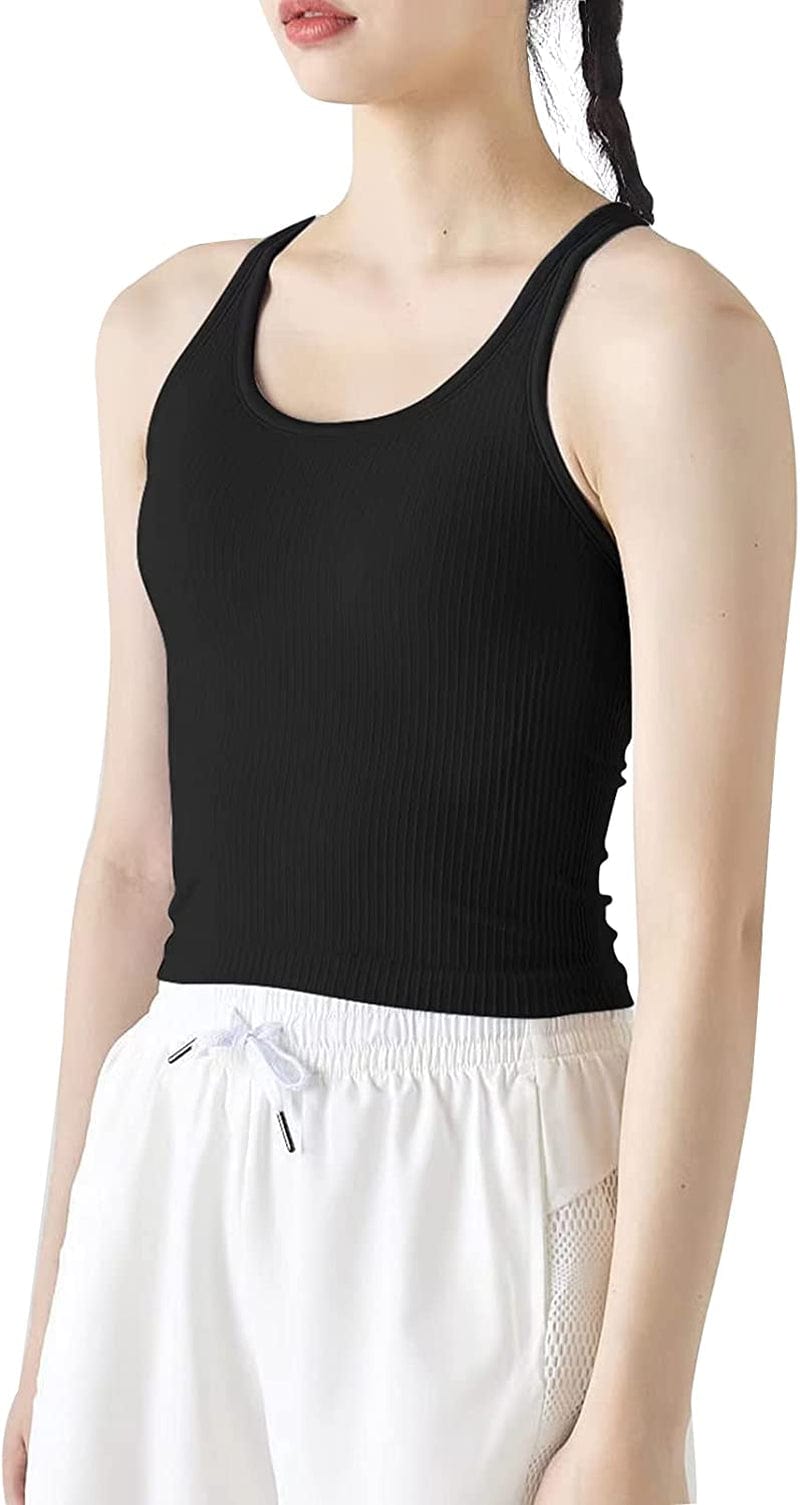Ribbed Workout Short Racerback Tank Tops for Women with Built in Bra Black / 8