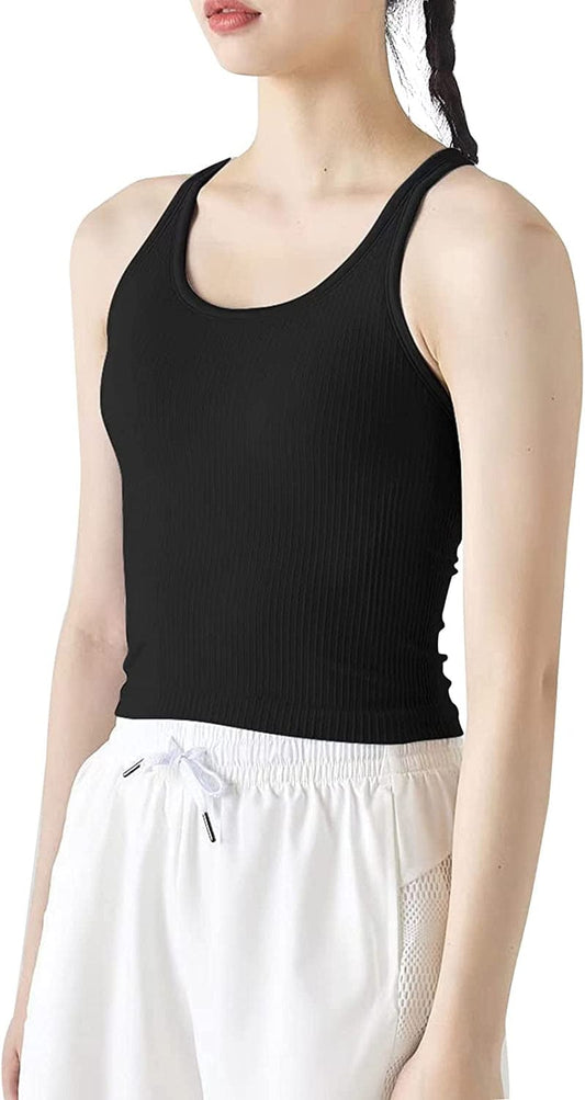 Ribbed Workout Short Racerback Tank Tops for Women with Built in Bra Black / 8