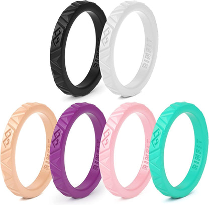 Rinfit Silicone Wedding Rings for Women - Soft, Stackable & Thin Silicone Ring Women - Rubber Wedding Bands Women- U.S. Design Patent Pending SetG - Aquamarine, Black, Peach, Purple, Pink, White / 7