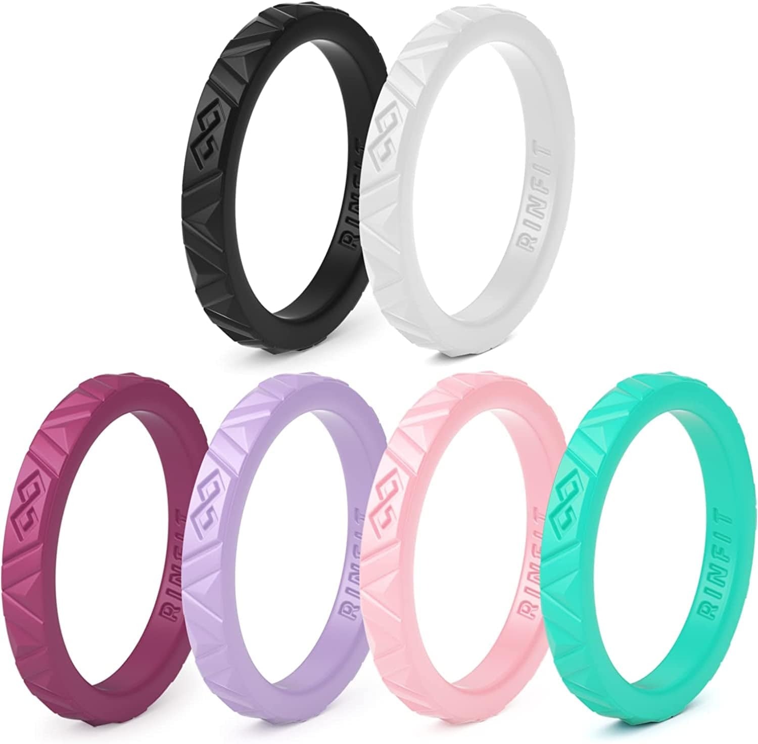 Rinfit Silicone Wedding Rings for Women - Soft, Stackable & Thin Silicone Ring Women - Rubber Wedding Bands Women- U.S. Design Patent Pending SetF - White, Burgundy, Black, Aquamarine, Pink, Purple / 5