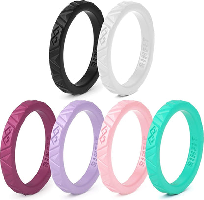 Rinfit Silicone Wedding Rings for Women - Soft, Stackable & Thin Silicone Ring Women - Rubber Wedding Bands Women- U.S. Design Patent Pending SetF - White, Burgundy, Black, Aquamarine, Pink, Purple / 5
