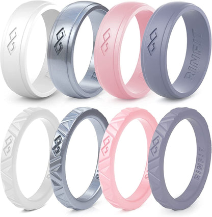 Rinfit Silicone Wedding Rings for Women - Soft, Stackable & Thin Silicone Ring Women - Rubber Wedding Bands Women- U.S. Design Patent Pending SetN - White, Silver, Pink, Gray Purple / 5