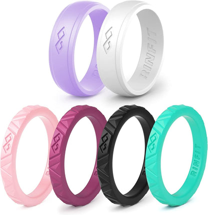 Rinfit Silicone Wedding Rings for Women - Soft, Stackable & Thin Silicone Ring Women - Rubber Wedding Bands Women- U.S. Design Patent Pending SetJ - Black, Burgundy, White, Lilac, Pink, Aquamarine / 6