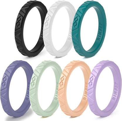 Rinfit Silicone Wedding Rings for Women - Soft, Stackable & Thin Silicone Ring Women - Rubber Wedding Bands Women- U.S. Design Patent Pending SetI - Green, Peach, Purple, Gray Purple, White, Ocean, Black / 4