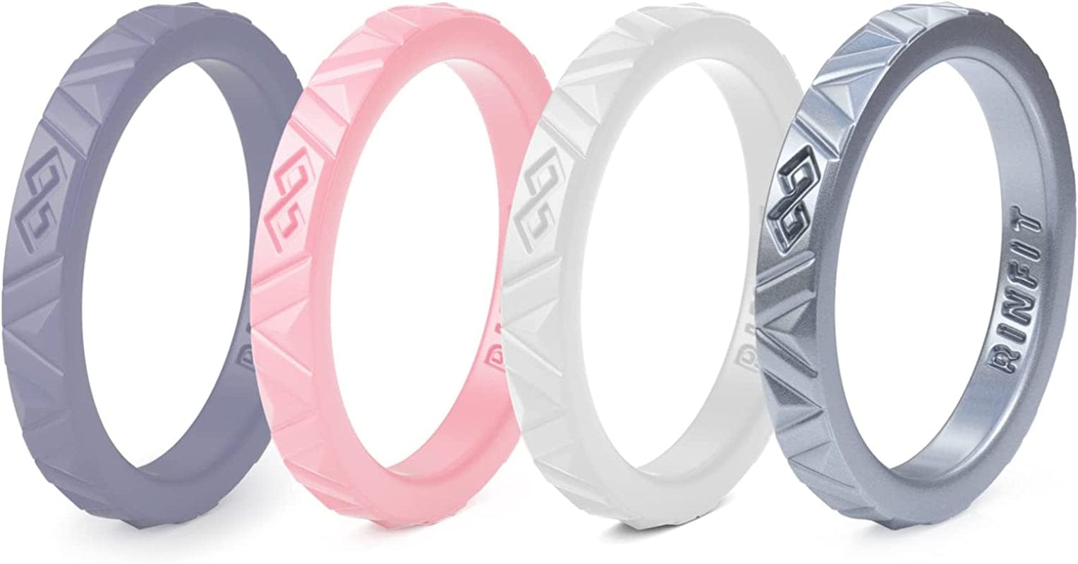 Rinfit Silicone Wedding Rings for Women - Soft, Stackable & Thin Silicone Ring Women - Rubber Wedding Bands Women- U.S. Design Patent Pending SetC - White, Silver, Pink, Purple / 5