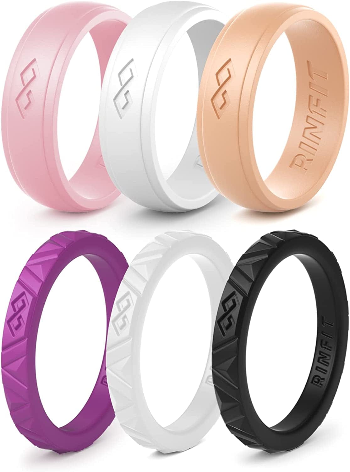 Rinfit Silicone Wedding Rings for Women - Soft, Stackable & Thin Silicone Ring Women - Rubber Wedding Bands Women- U.S. Design Patent Pending SetL - Purple, White, Black, Pink, Peach / 6