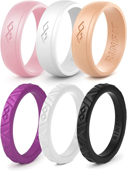 Rinfit Silicone Wedding Rings for Women - Soft, Stackable & Thin Silicone Ring Women - Rubber Wedding Bands Women- U.S. Design Patent Pending SetL - Purple, White, Black, Pink, Peach / 6