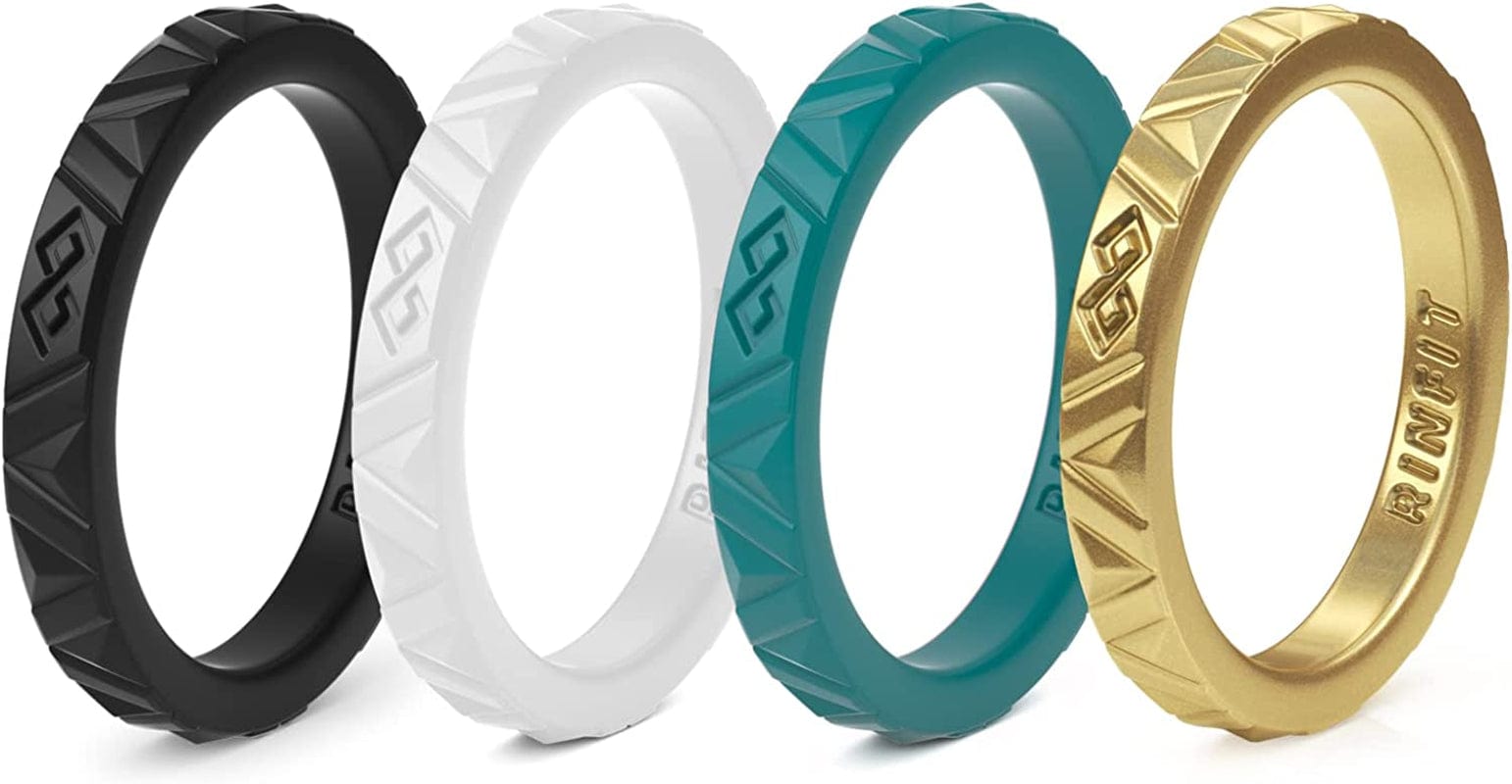 Rinfit Silicone Wedding Rings for Women - Soft, Stackable & Thin Silicone Ring Women - Rubber Wedding Bands Women- U.S. Design Patent Pending SetD - White, Black, Ocean, Gold / 8