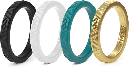 Rinfit Silicone Wedding Rings for Women - Soft, Stackable & Thin Silicone Ring Women - Rubber Wedding Bands Women- U.S. Design Patent Pending SetD - White, Black, Ocean, Gold / 8