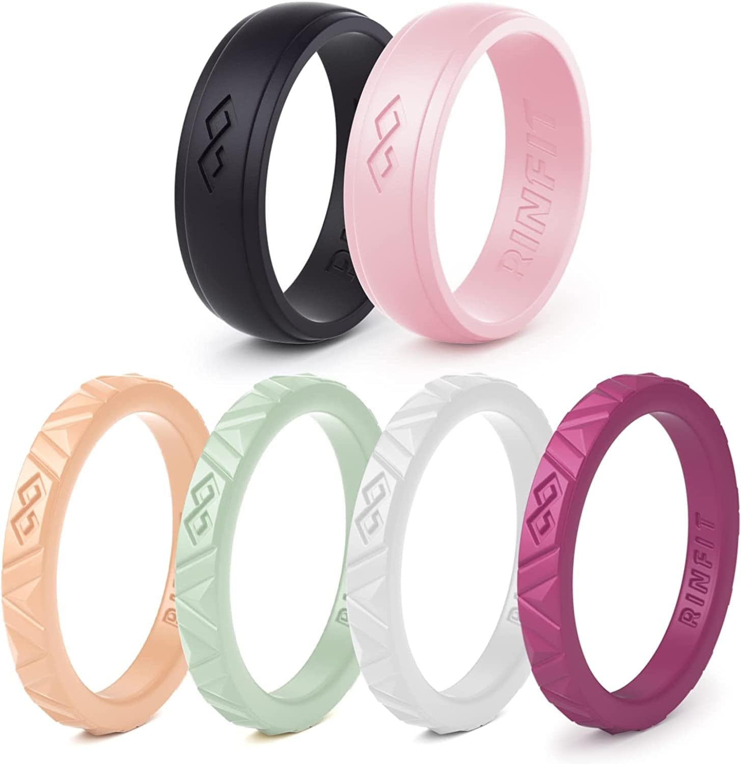 Rinfit Silicone Wedding Rings for Women - Soft, Stackable & Thin Silicone Ring Women - Rubber Wedding Bands Women- U.S. Design Patent Pending SetM - Black, Pink, Burgundy, White, Green, Peach / 7