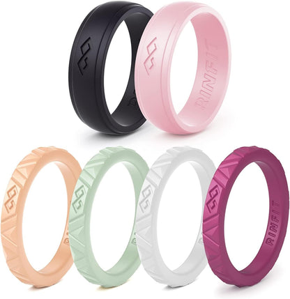 Rinfit Silicone Wedding Rings for Women - Soft, Stackable & Thin Silicone Ring Women - Rubber Wedding Bands Women- U.S. Design Patent Pending SetM - Black, Pink, Burgundy, White, Green, Peach / 7